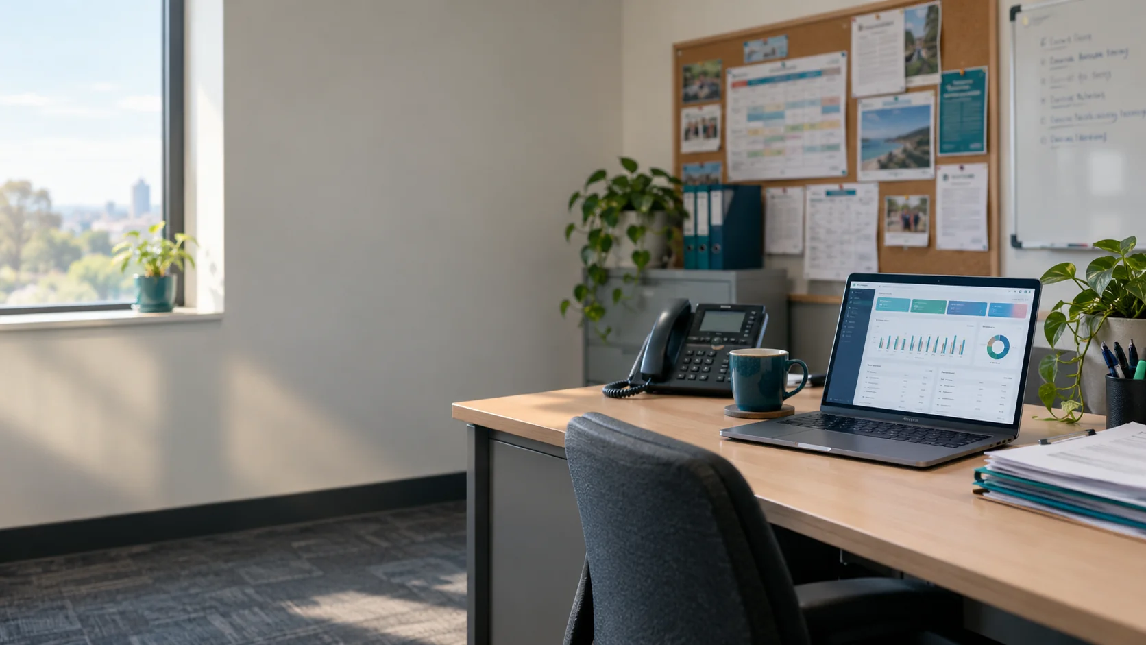 Office desk with a laptop dashboard in a community services back office